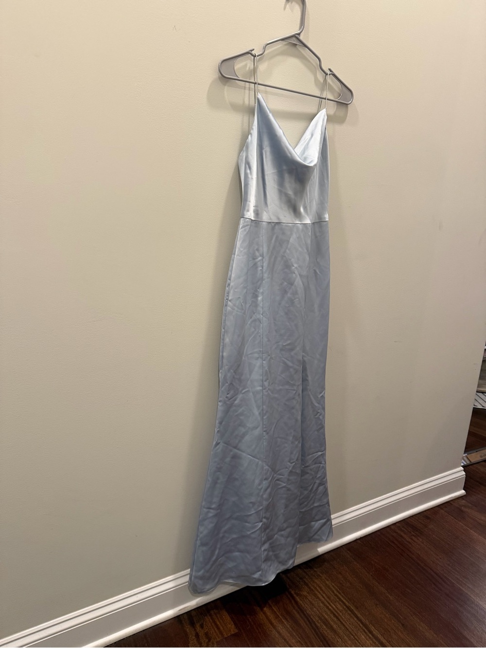 Amsale Light Blue Satin Cowl Neck Maxi Dress